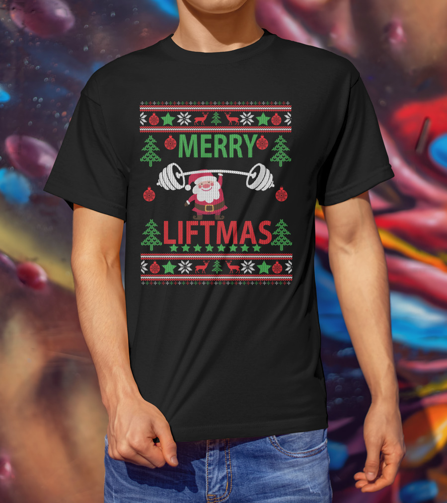 Merry Liftmas Santa Lifting Weights Ugly Christmas T-Shirt