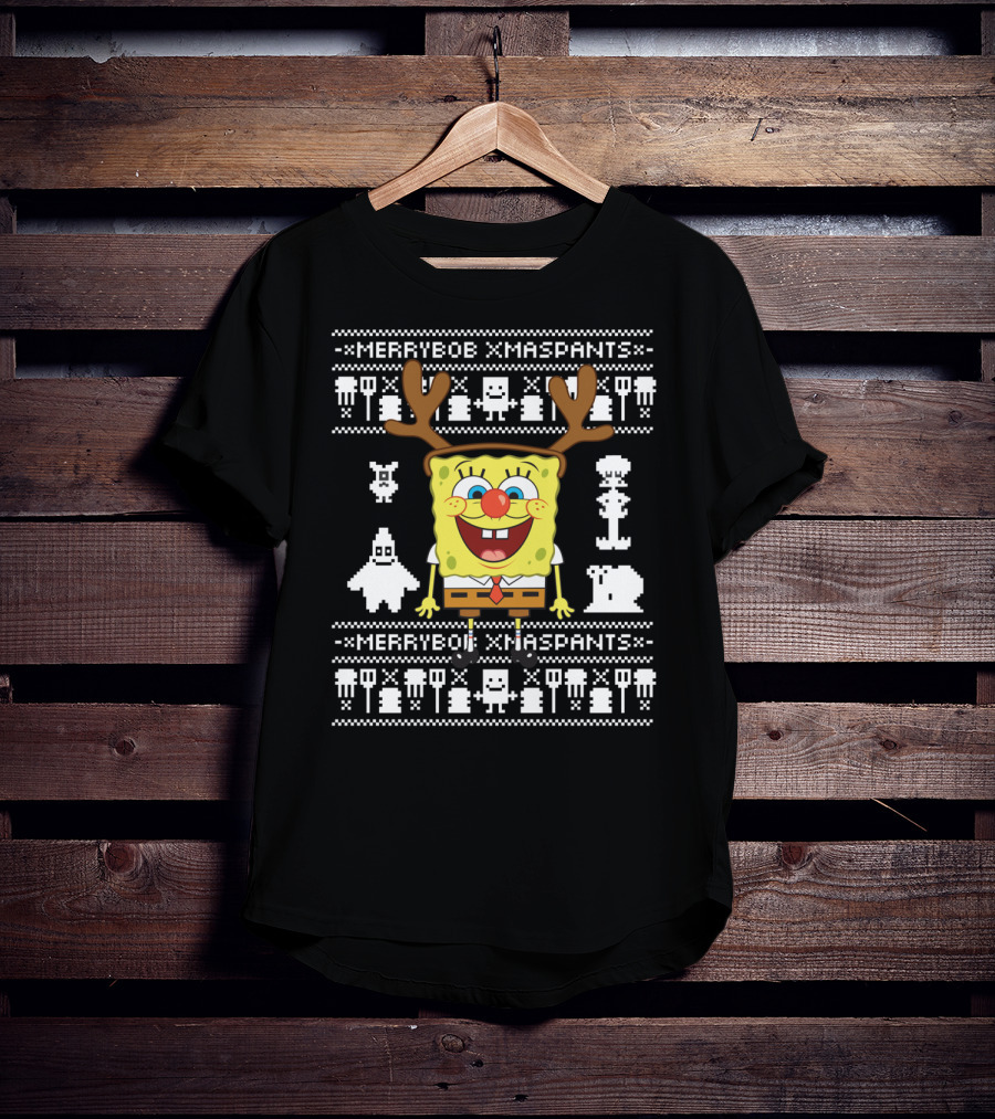 Merrybob Xmaspants Ugly Xmas SpongeBob Reindeer Pixel T-Shirt