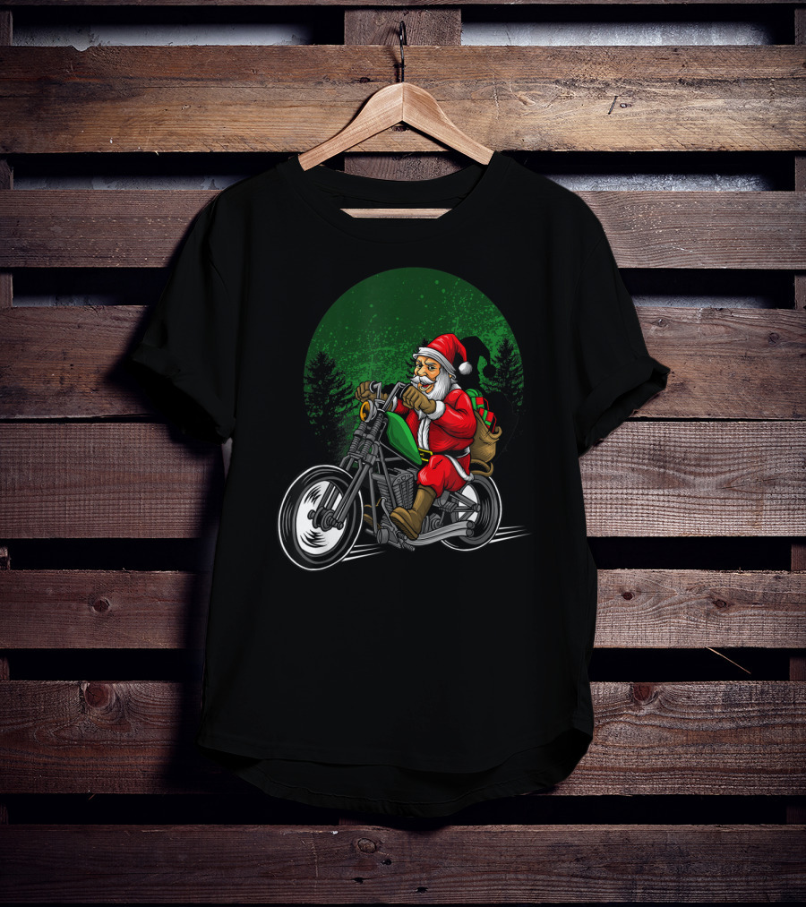 Motorcycle Santa Riding Through Festive Forest T-Shirt
