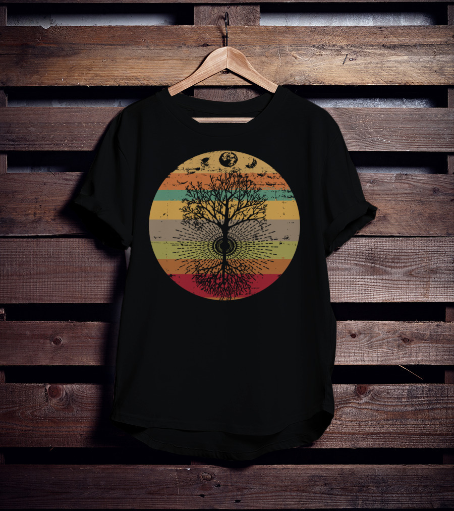 Phases Of The Moon Retro Tree With 60s 70s Vibe Rainbow Stripes T-Shirt
