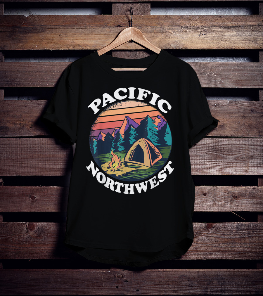 Pacific Northwest Camping Tent Campfire Forest Scene T-Shirt