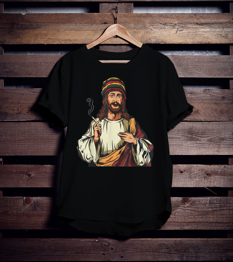 Pot Smoking Jesus Christ Cannabis Weed Rasta Hat Smoking Joint T-Shirt