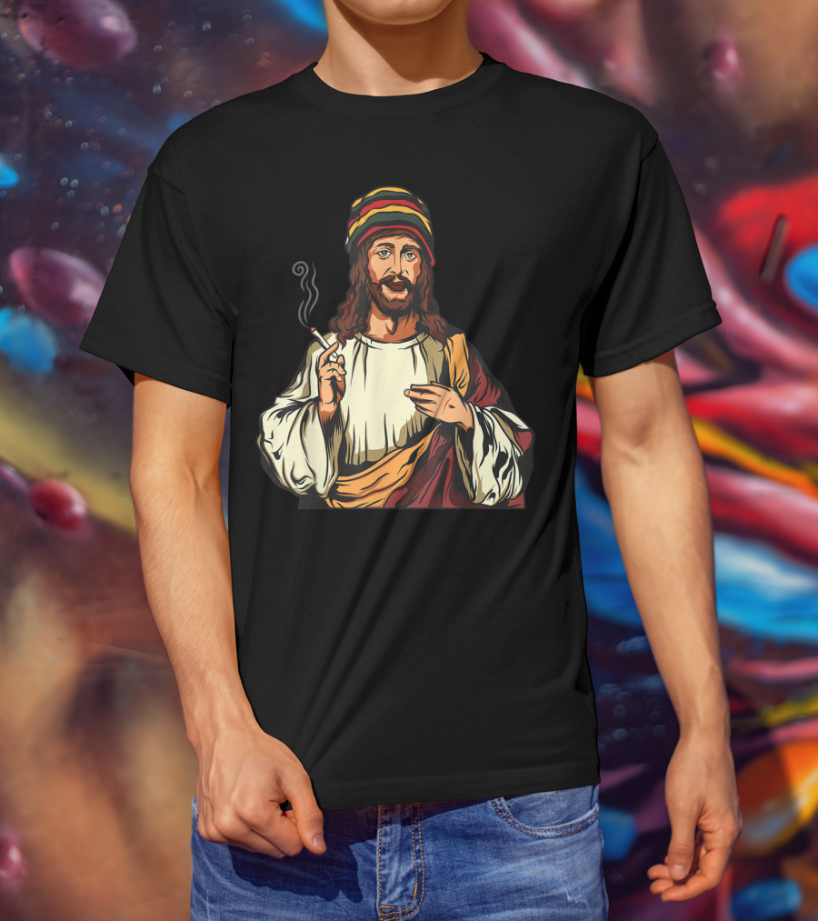 Pot Smoking Jesus Christ Cannabis Weed Rasta Hat Smoking Joint T-Shirt
