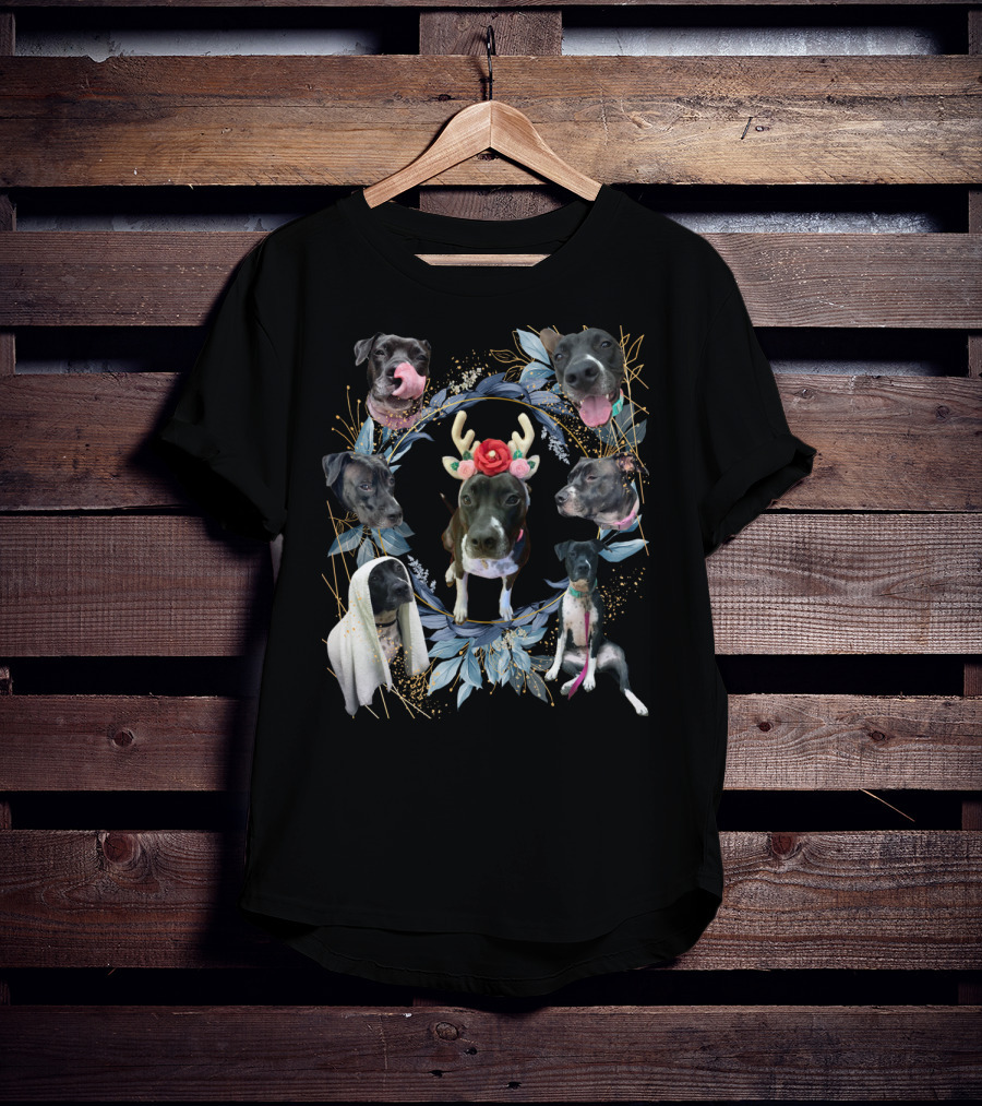 Puppy Holiday Antler Flower Dog Faces Wreath T-Shirt