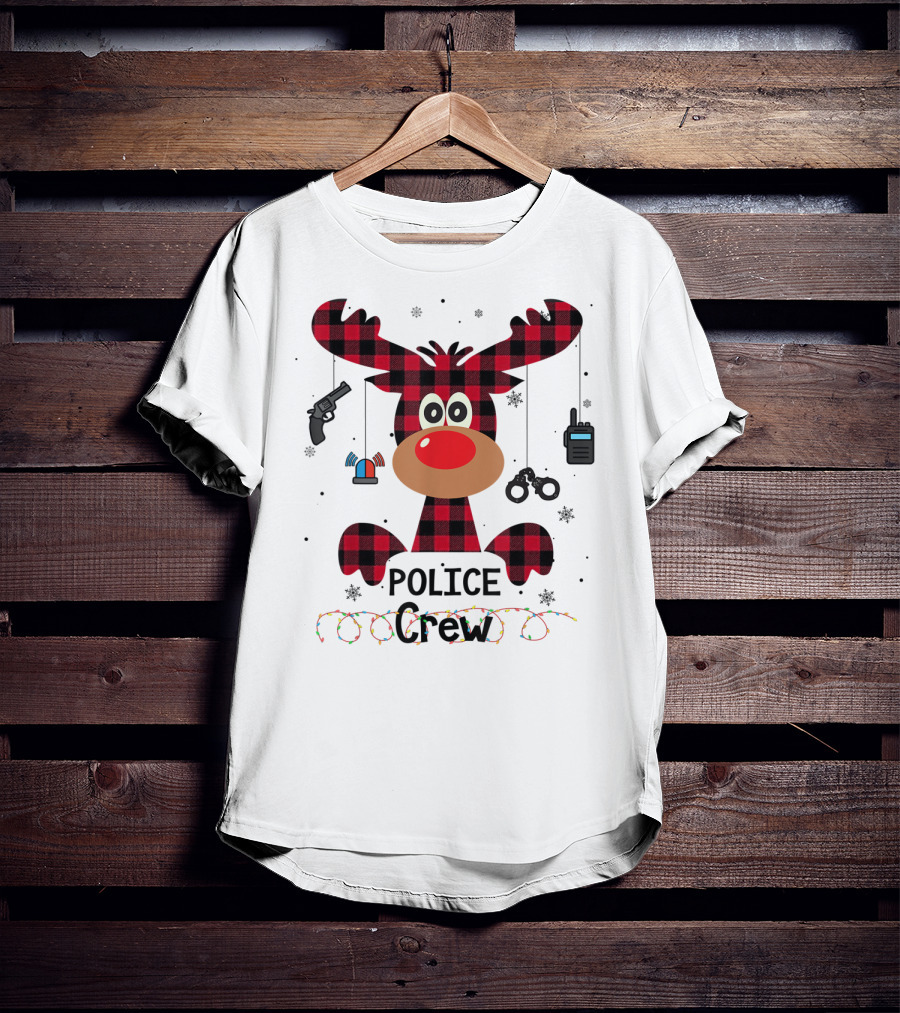Red Plaid Reindeer Face Police Crew With Holiday Lights And Law Enforcement Icons T-Shirt