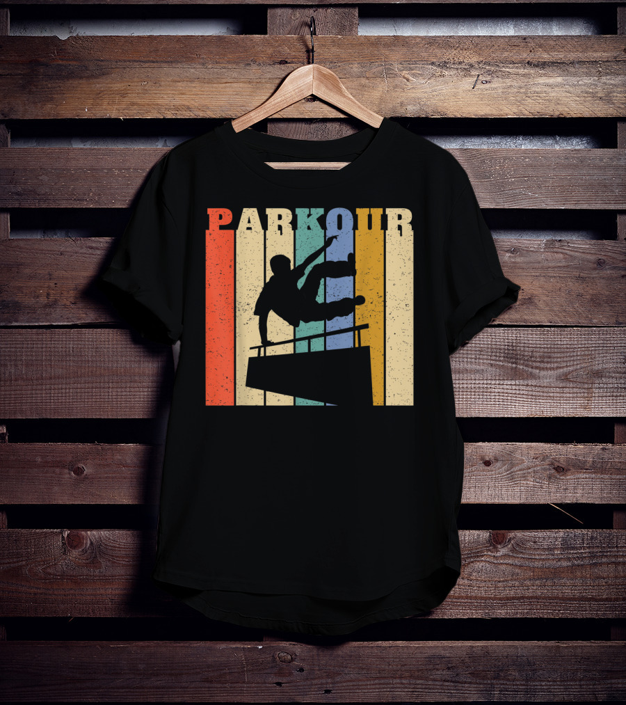 Retro Parkour Silhouette Against Striped Vintage Backdrop T-Shirt