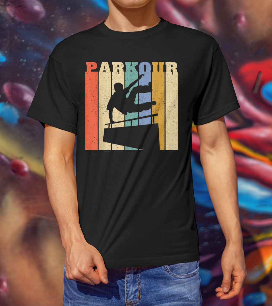 Retro Parkour Silhouette Against Striped Vintage Backdrop T-Shirt
