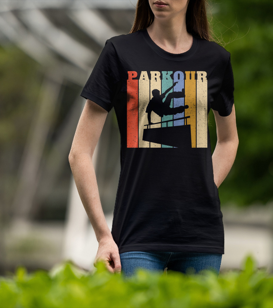 Retro Parkour Silhouette Against Striped Vintage Backdrop T-Shirt
