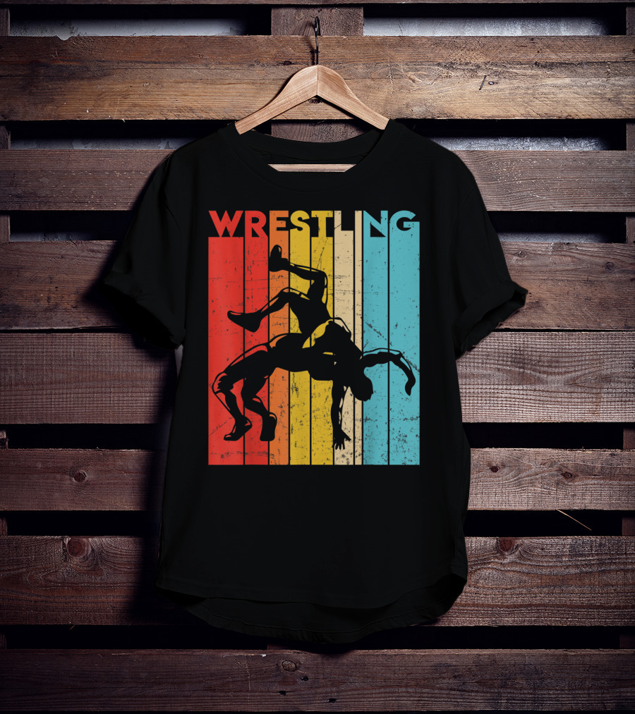 Wrestling Retro Vintage Silhouette Players On Colorful Stripes T-Shirt