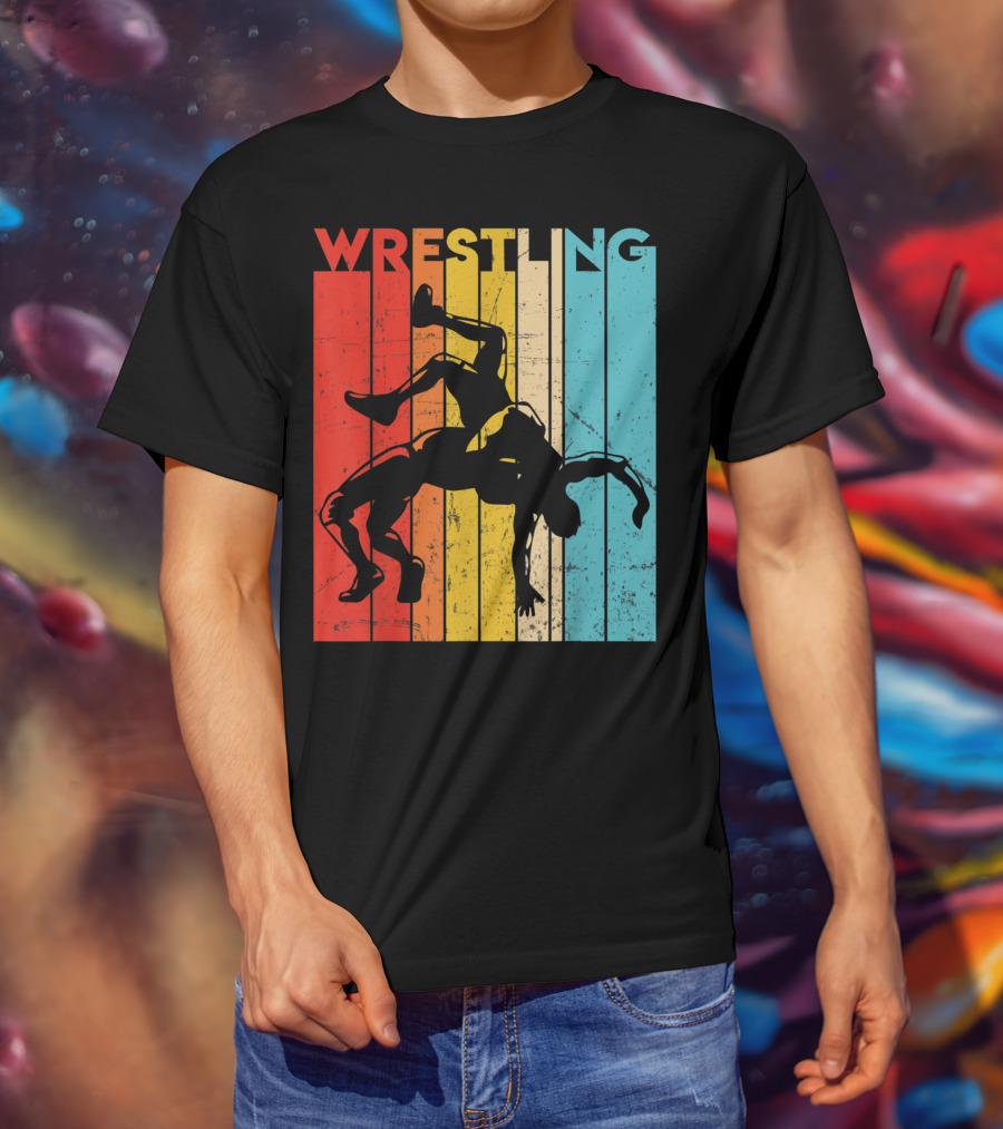 Wrestling Retro Vintage Silhouette Players On Colorful Stripes T-Shirt