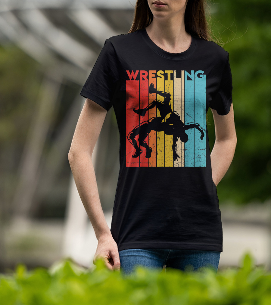 Wrestling Retro Vintage Silhouette Players On Colorful Stripes T-Shirt
