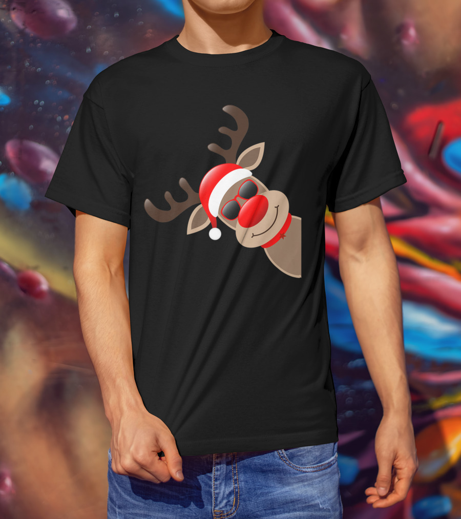 Rudolph Red Nose Reindeer Santa Hat Sunglasses T-Shirt