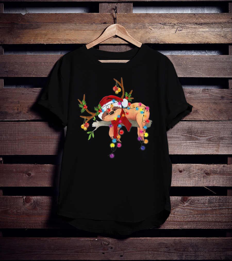 Santa Sloth Reindeer With Christmas Lights And Hat T-Shirt