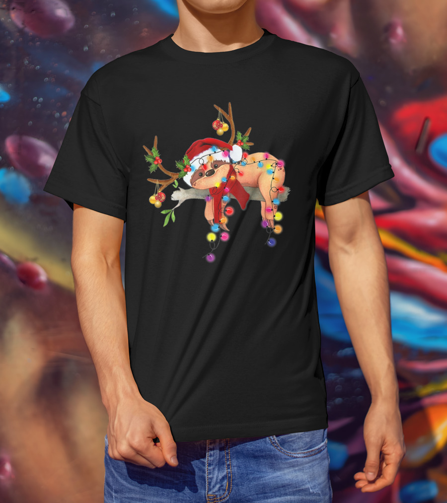Santa Sloth Reindeer With Christmas Lights And Hat T-Shirt