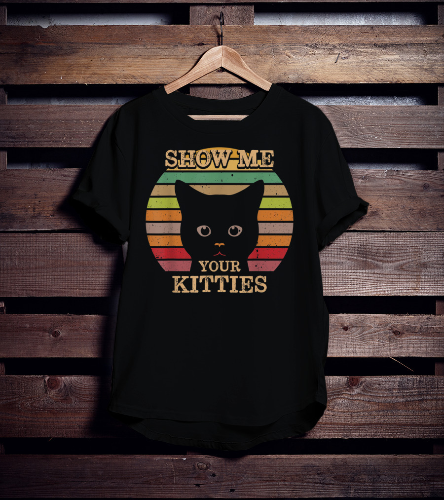 Show Me Your Kitties Retro Cat Lover Rainbow Stripes T-Shirt