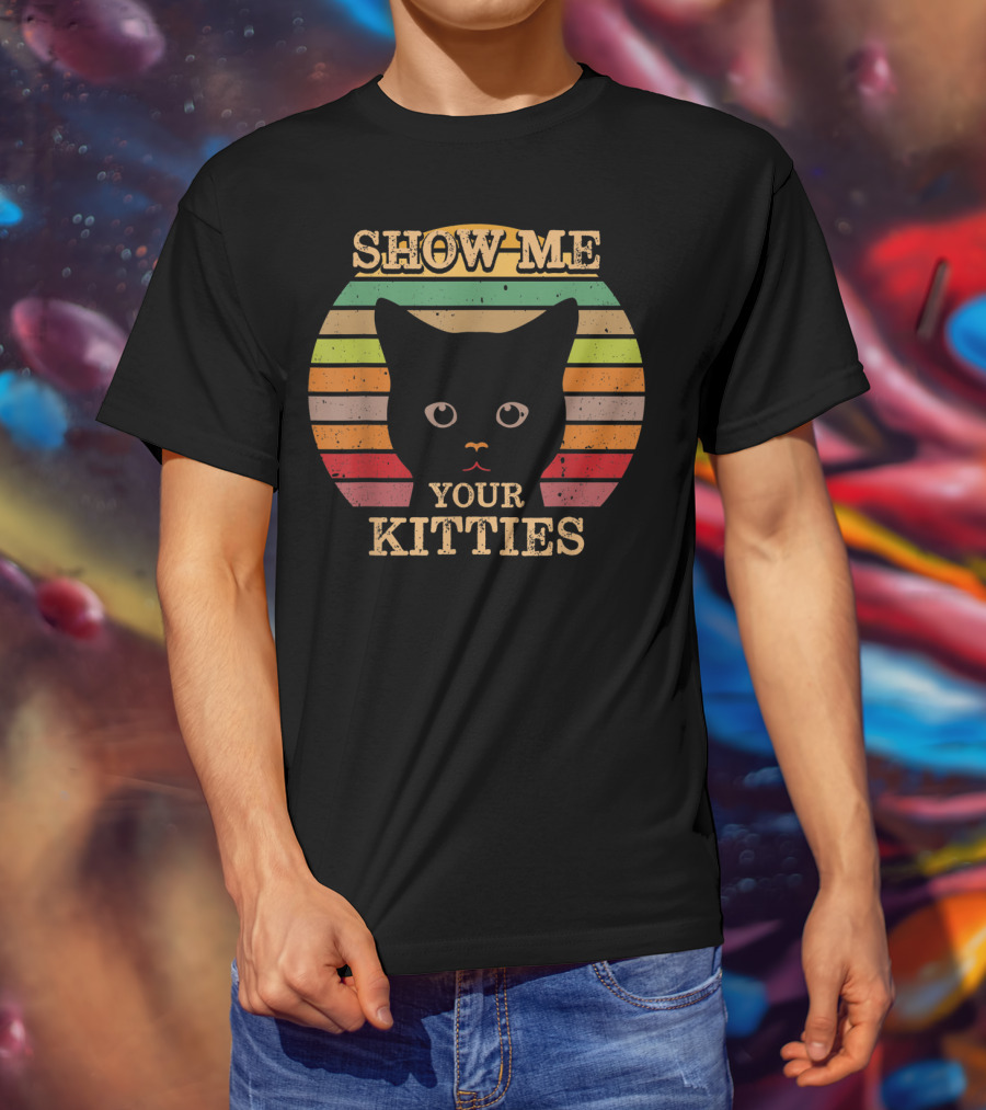 Show Me Your Kitties Retro Cat Lover Rainbow Stripes T-Shirt
