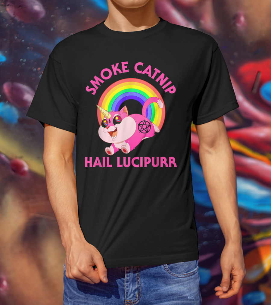 Smoke Catnip Hail Lucipurr Rainbow Unicorn Satanic Cat T-Shirt