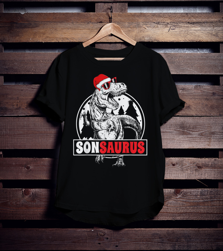 Sonsaurus Christmas Rex T-Rex Dinosaur Holiday Santa Hat T-Shirt