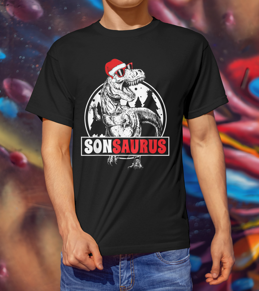 Sonsaurus Christmas Rex T-Rex Dinosaur Holiday Santa Hat T-Shirt
