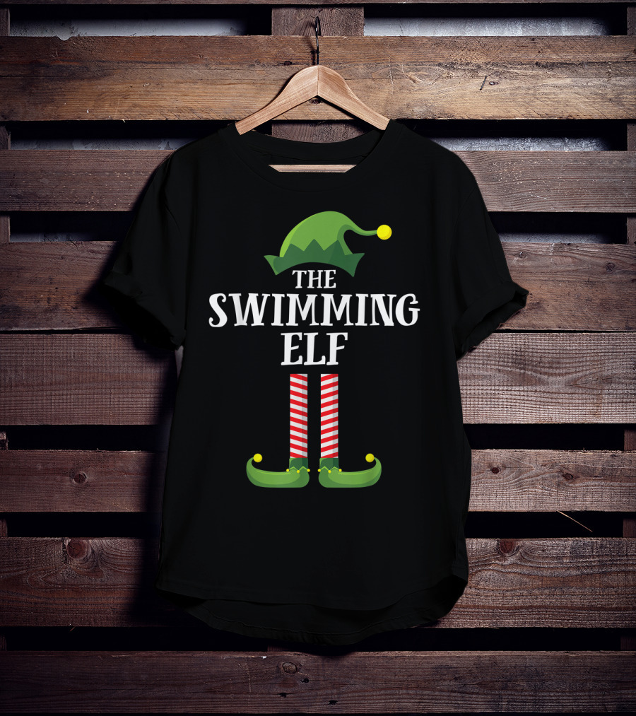 The Swimming Elf Matching Family Group Christmas Hat And Striped Stockings T-Shirt