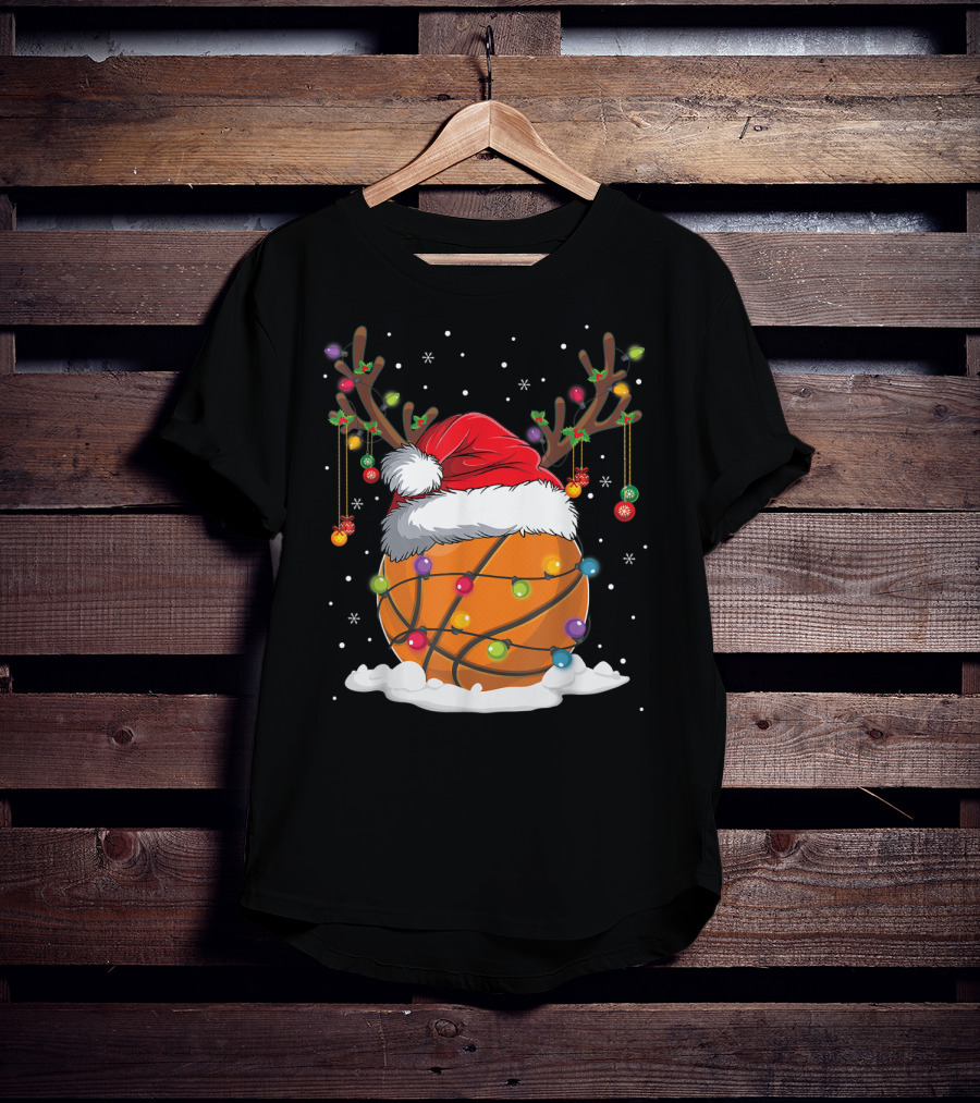 This Is My Christmas Basketball Player Santa Hat Reindeer Antlers Lights T-Shirt