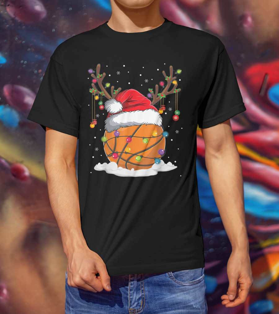 This Is My Christmas Basketball Player Santa Hat Reindeer Antlers Lights T-Shirt
