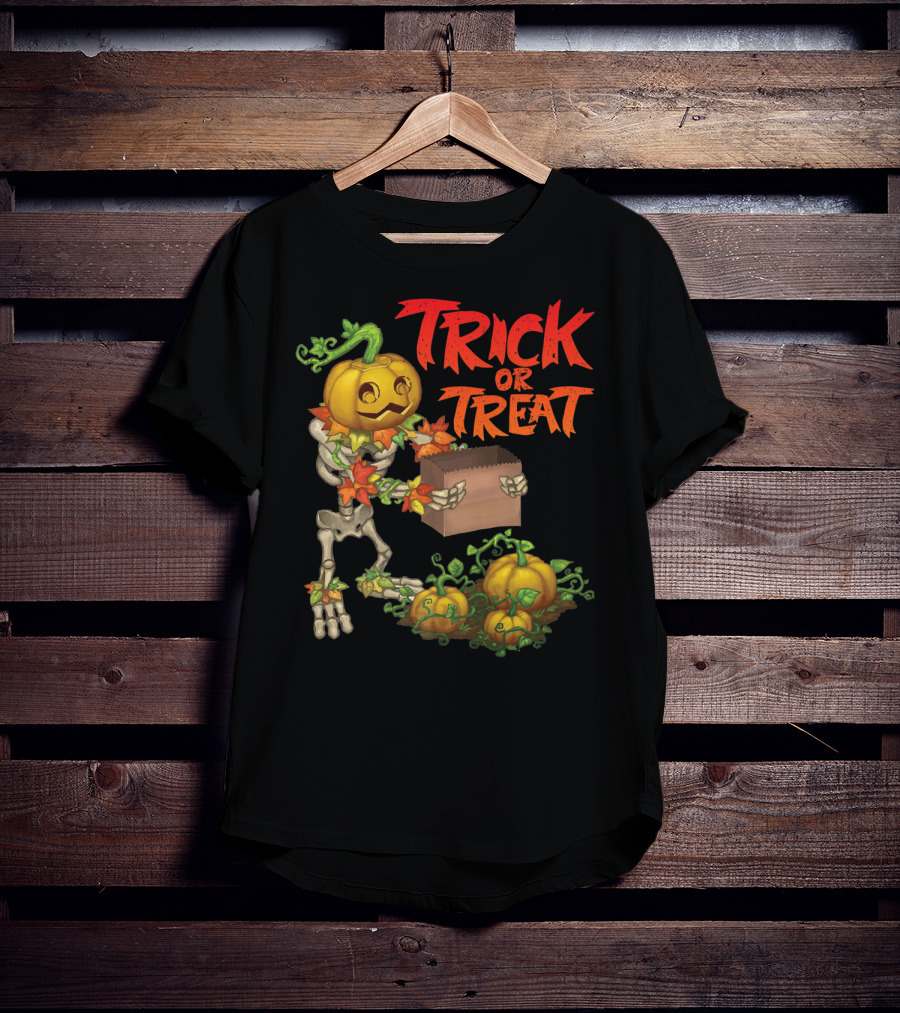 Trick Or Treat Punkleton Skeleton With Pumpkins And Candy Box T-Shirt