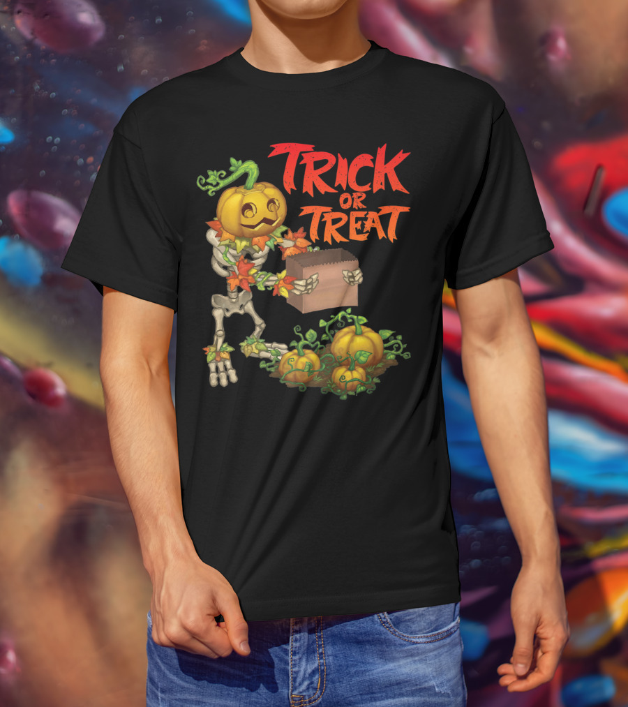 Trick Or Treat Punkleton Skeleton With Pumpkins And Candy Box T-Shirt
