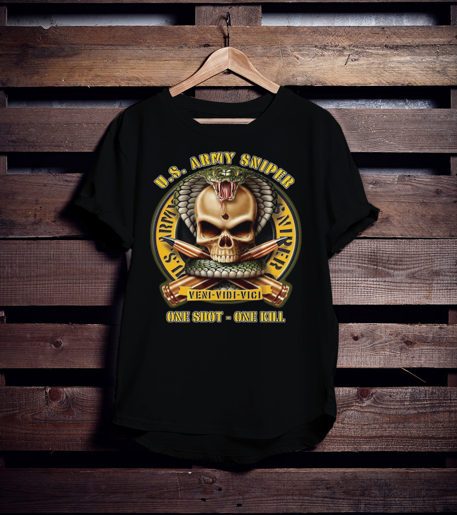 U.S. Army Sniper Veni Vidi Vici One Shot One Kill Skull Snake Badge T-Shirt