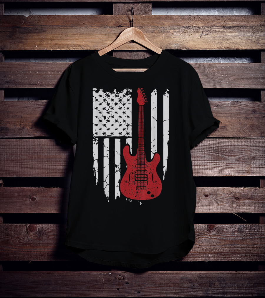 Usa American Flag Guitar Musician Guitars Red Electric Vintage Grunge T-Shirt