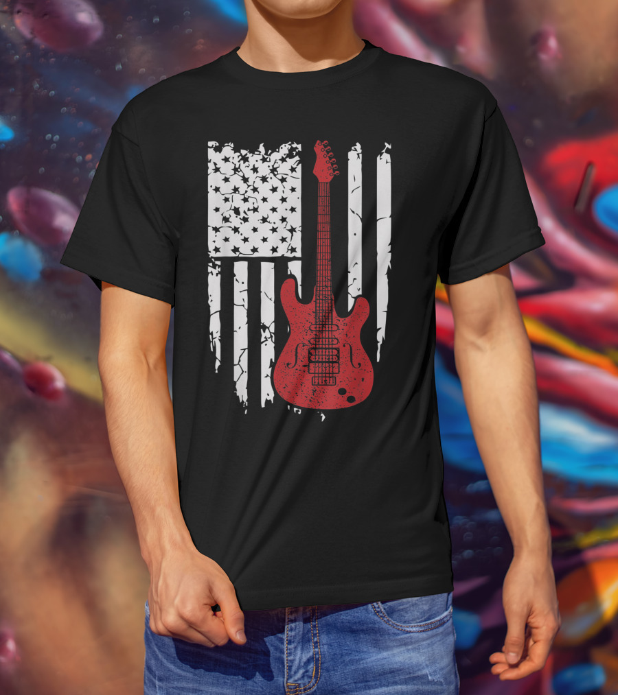 Usa American Flag Guitar Musician Guitars Red Electric Vintage Grunge T-Shirt