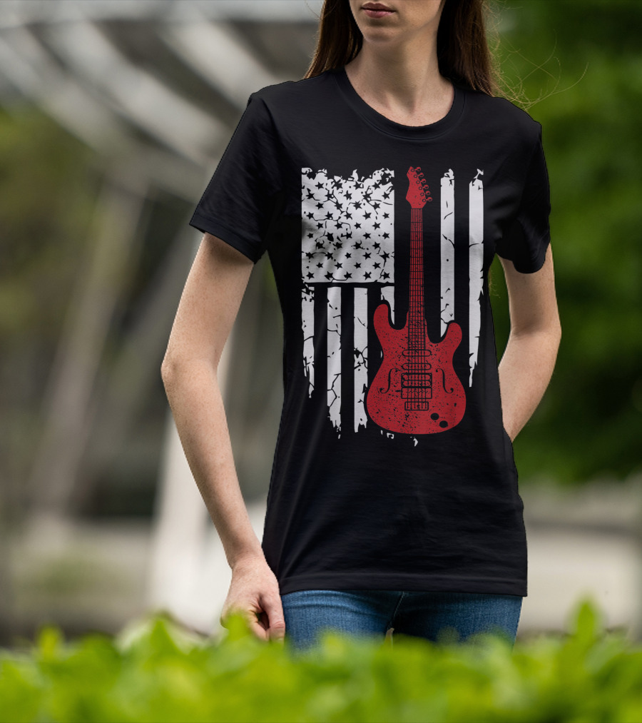 Usa American Flag Guitar Musician Guitars Red Electric Vintage Grunge T-Shirt