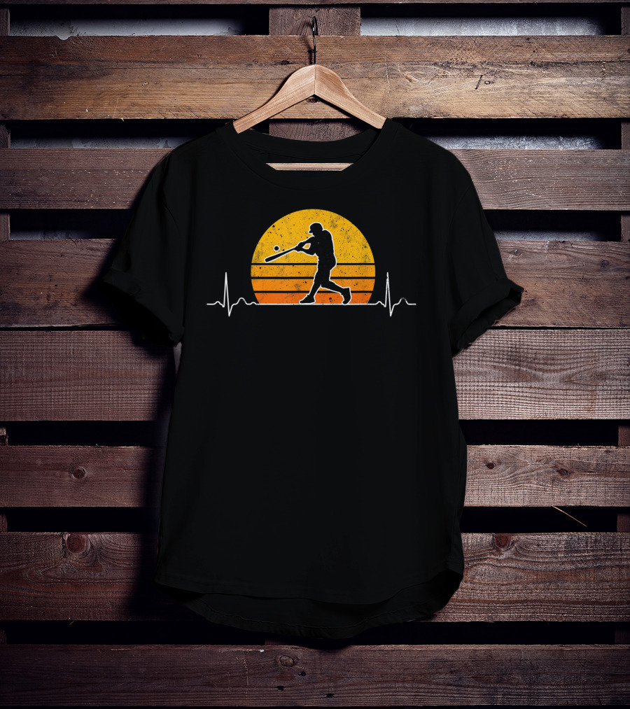 Vintage Baseball Player Heartbeat Sunset Scene T-Shirt