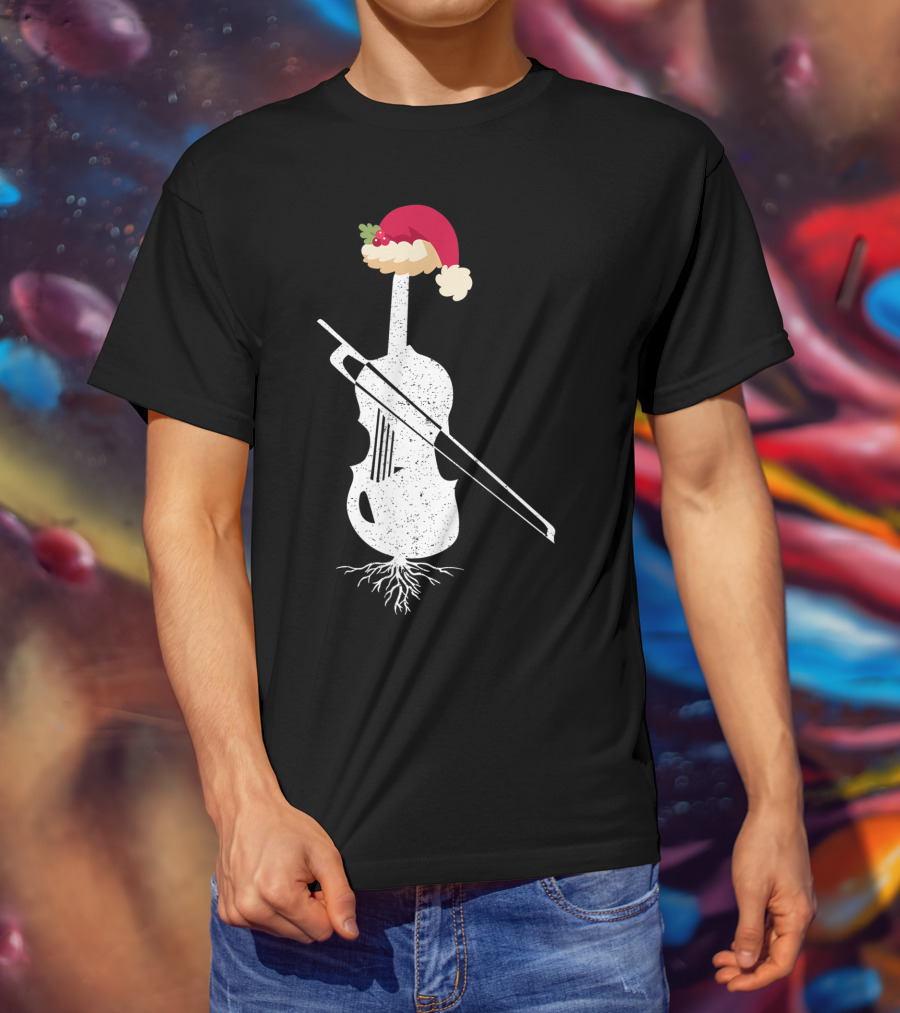 Violin Santa Hat Christmas Tree Vintage Style Holiday Decor T-Shirt