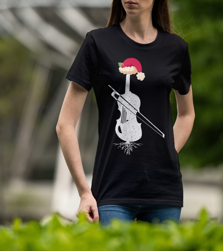 Violin Santa Hat Christmas Tree Vintage Style Holiday Decor T-Shirt