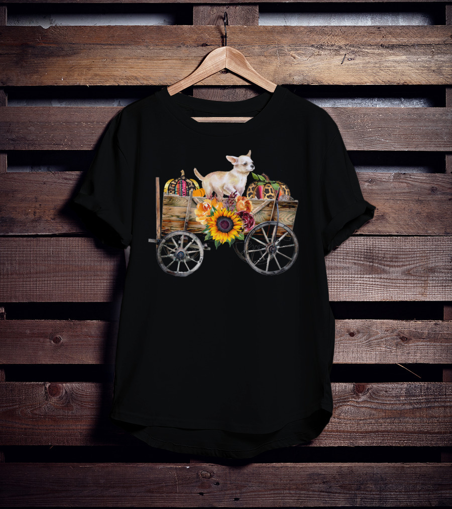 White Chihuahua In Wagon With Pumpkin And Sunflower T-Shirt