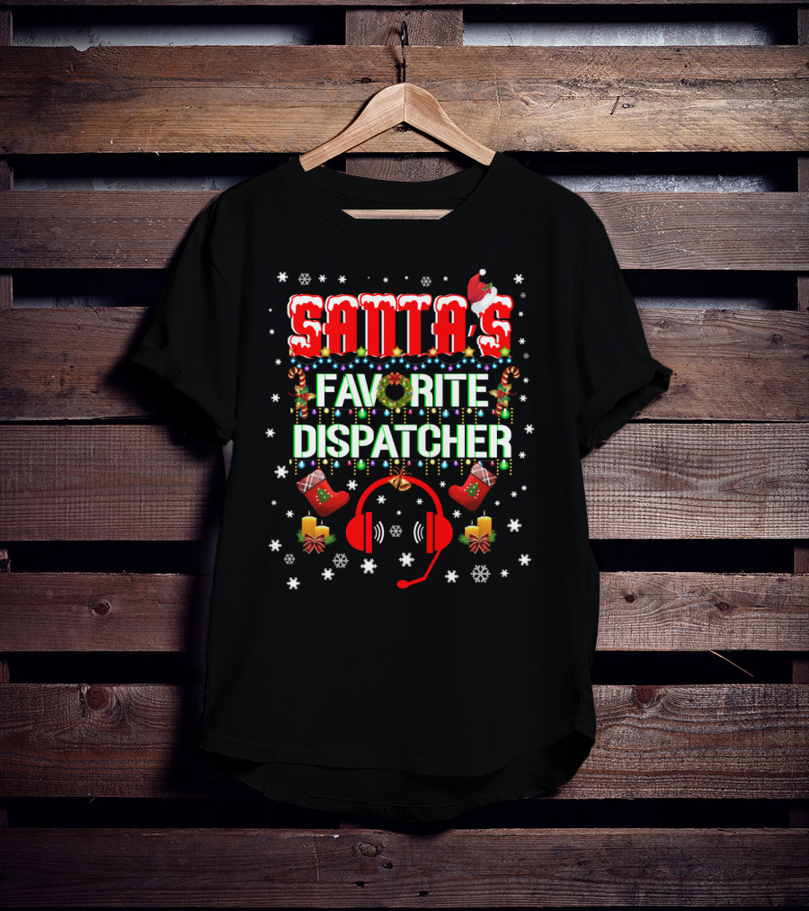 Santa's Favorite Dispatcher Headset Christmas Snowflakes Candles Stockings T-Shirt