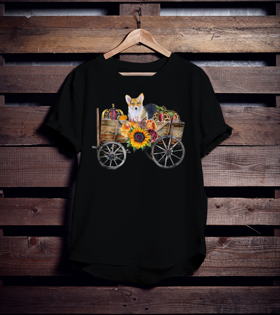 Corgi Clothing Autumn Harvest Corgi Dog In Country Wagon T-Shirt
