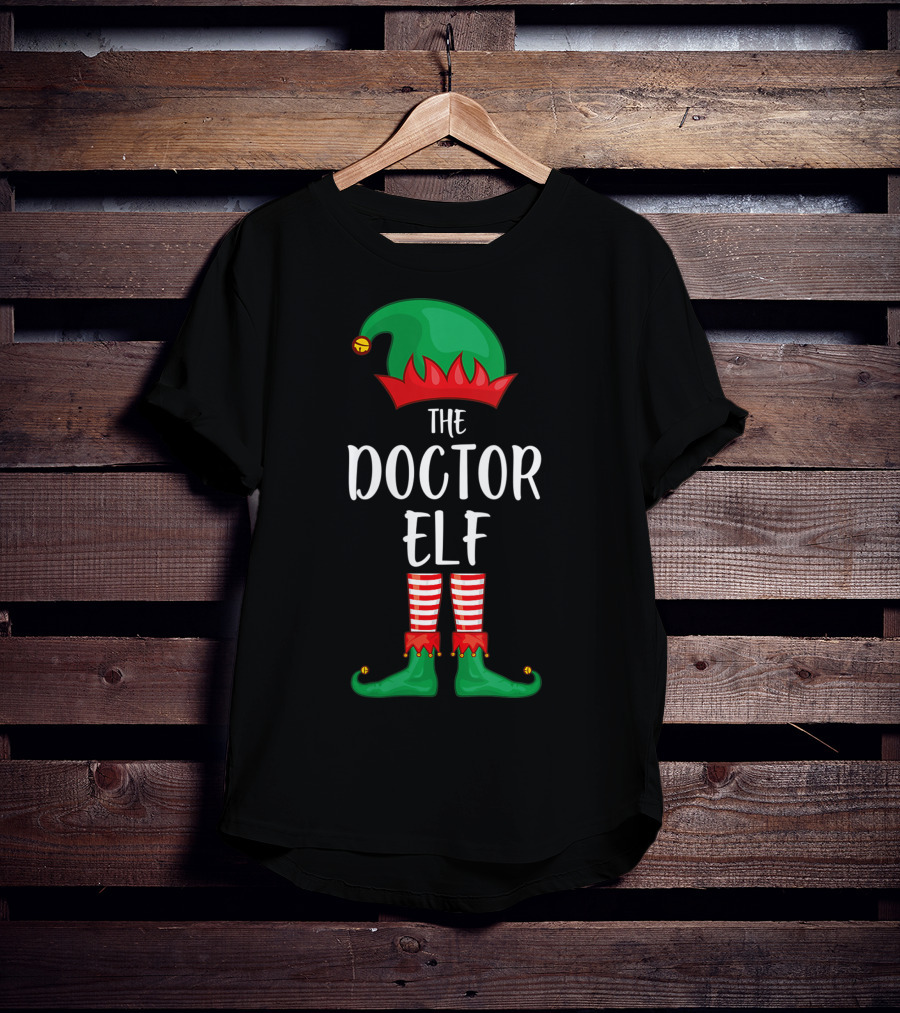 The Doctor Elf Christmas Party Jester Hat And Striped Tights T-Shirt