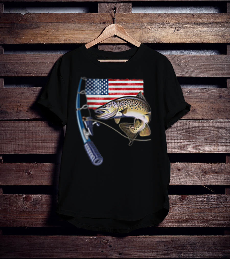 Fishing Hooked On A Feeling American Flag Rod Fish T-Shirt