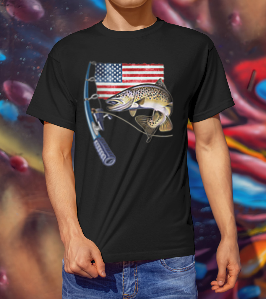 Fishing Hooked On A Feeling American Flag Rod Fish T-Shirt