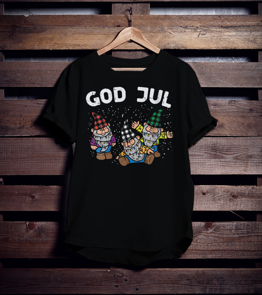 God Jul Buffalo Plaid Nordic Gnomes T-Shirt