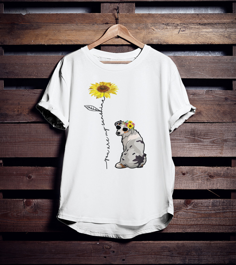 You Are My Sunshine Australian Shepherd Sunflower Sunglasses And Flower Crown T-Shirt