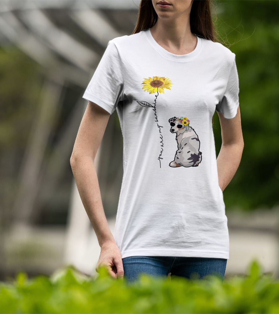 You Are My Sunshine Australian Shepherd Sunflower Sunglasses And Flower Crown T-Shirt