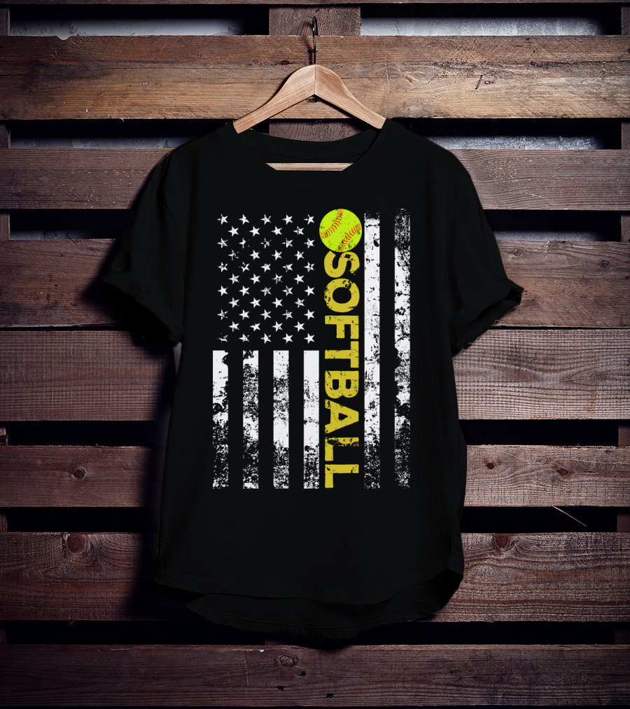 American Flag Softball Vertical Text With Yellow Softball T-Shirt