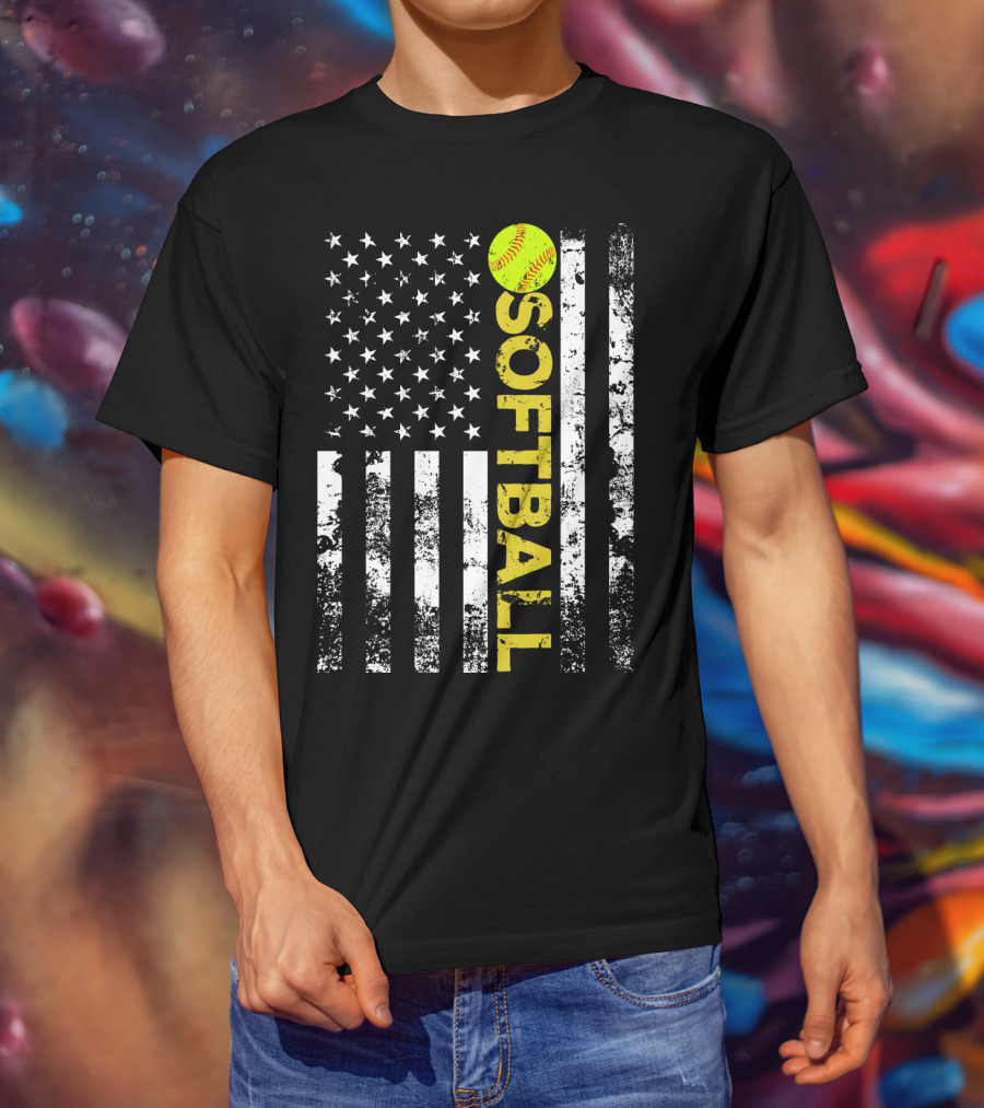 American Flag Softball Vertical Text With Yellow Softball T-Shirt