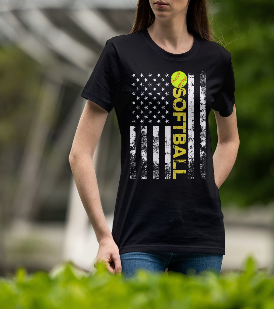 American Flag Softball Vertical Text With Yellow Softball T-Shirt