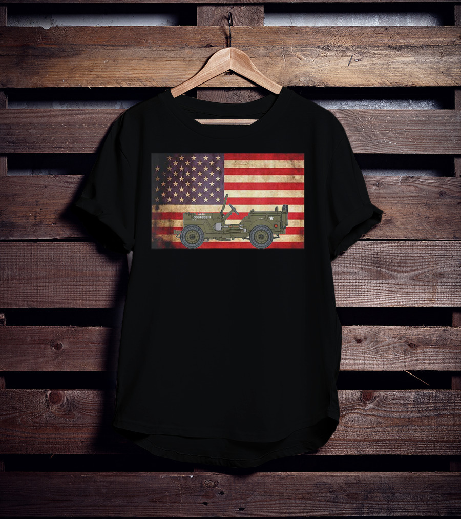 American USA Flag Willys Jeep WW2 Military Army Vehicle Stars And Stripes Vintage Retro Iconic T-Shirt