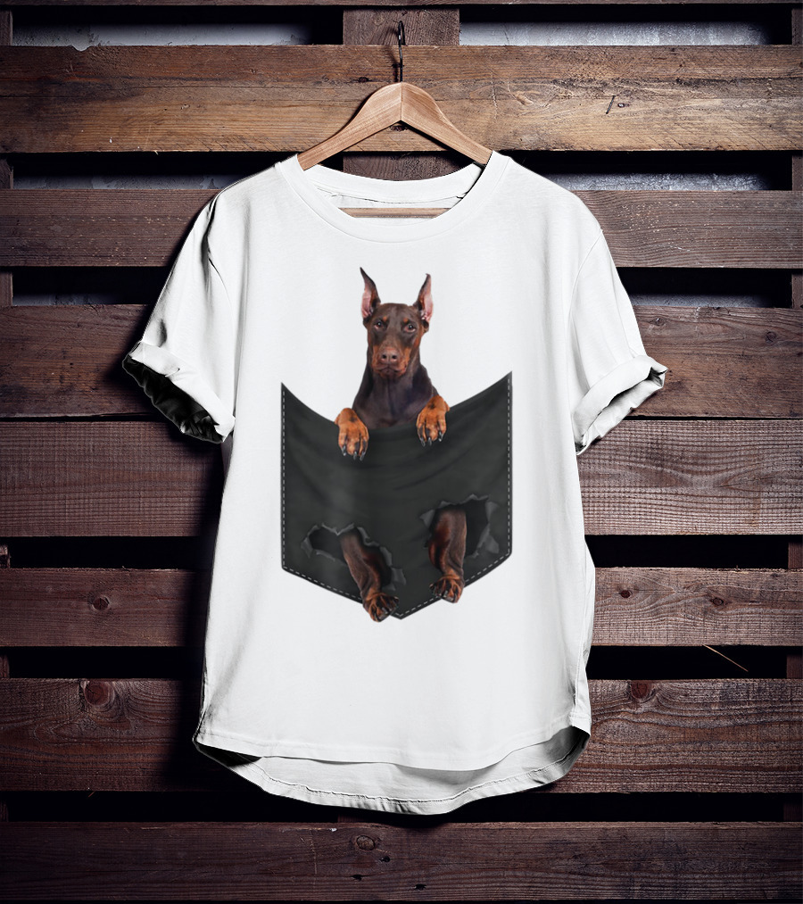 Doberman Pinscher Peeking From Ripped Pocket T-Shirt