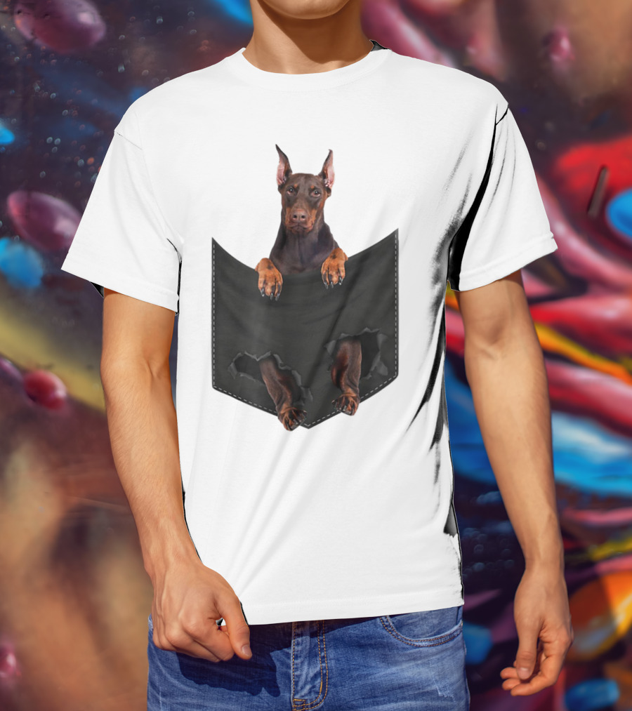 Doberman Pinscher Peeking From Ripped Pocket T-Shirt